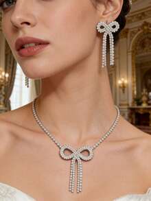 Bộ 2 món trang sức nơ tua rua đính đá màu bạc, thiết kế rỗng tinh tế - Trang sức nơ đa năng cho đám cưới/tiệc tùng. - Bạc - Xem 1