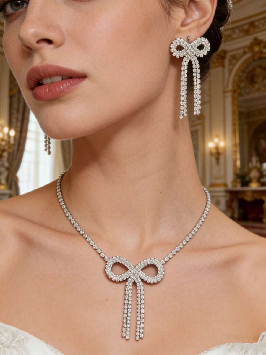 Bộ 2 món trang sức nơ tua rua đính đá màu bạc, thiết kế rỗng tinh tế - Trang sức nơ đa năng cho đám cưới/tiệc tùng. - Bạc - Xem 1