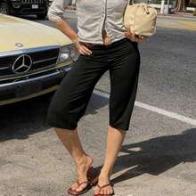 Women Casual Fold Over Loose Fit Capri Pant Leg Cropped Flowy Cotton Gaucho Pants Comfy Casual Yoga Coluttes Pajama Bottom Soft Comfortable Cropped Trouser Lounge Sleepwear Bottoms - 黑色 - 查看 4