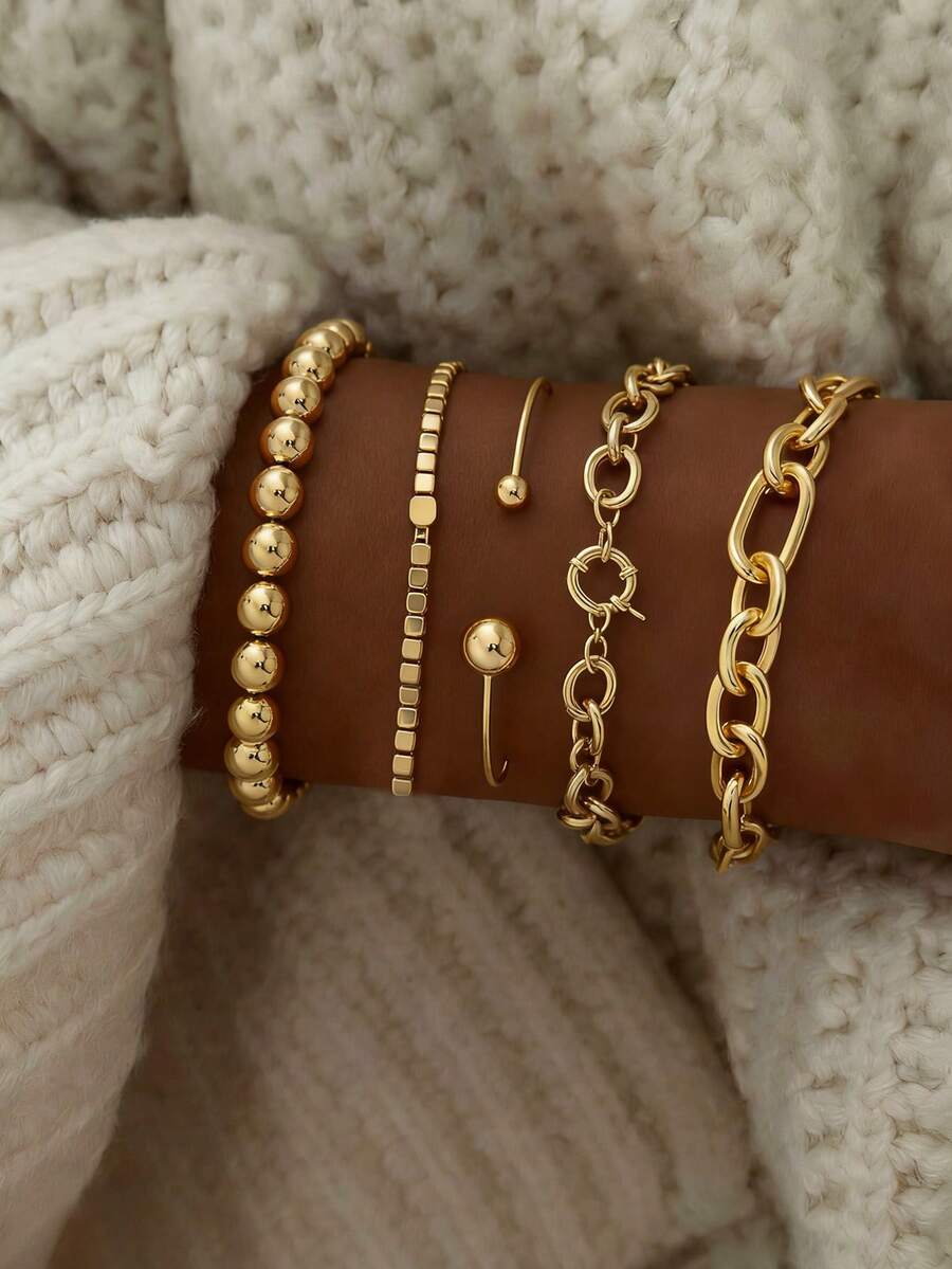 5件套时尚简约优雅复古几何串珠手链套装，包含圆形、方形、多边形珠子，CCB材质，金属质感，超大尺寸设计，适合节日、派对、日常佩戴 - 金黃色 - 查看 1