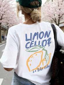 Summer Tops, Women's Short-Sleeved Lemon Print Round Neck T-Shirt, Casual Holiday Top, Fashion Summer T-Shirt, White Cotton T-Shirt, Clothing Brands. - White - View 1