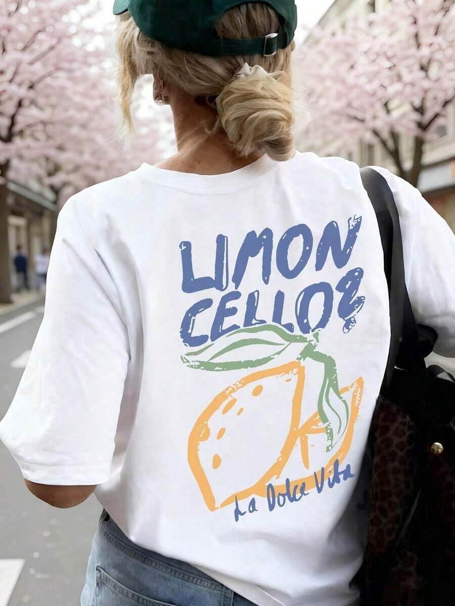 Summer Tops, Women's Short-Sleeved Lemon Print Round Neck T-Shirt, Casual Holiday Top, Fashion Summer T-Shirt, White Cotton T-Shirt, Clothing Brands. - White - View 1