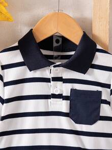 Baby Boys' Summer New Striped Pocket Short Sleeve Polo Shirt + Casual Solid Color Shorts Set, Suitable For Beach Vacation - Royal Blue - View 4