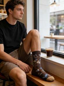 1 双男士棕色底色撞色花鸟图案中筒袜，复古艺术风日常穿着 - 彩色 - 查看 4