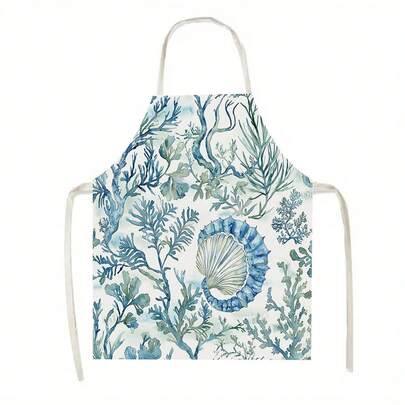 1pc Blue & White Ocean Style Pattern Kitchen Apron, Suitable For Kitchen, Living Room, Dining Room, Hotel, Outdoor BBQ Etc., Made Of 100% Polyester, Machine Washable