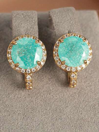 1 đôi bông tai vòng sang trọng dành cho nữ, đính đá Zirconia xanh lá cây, màu vàng, kiểu dáng đơn giản, trang sức cưới cho nữ, thích hợp đeo hàng ngày, dự tiệc hoặc các dịp lễ.