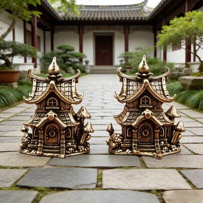 1pc Vintage Brass Architectural House Model, Collectible Detailed Small Castle. Suitable For Fish Pond, Bonsai, Water Pool Decor, Desktop 3D Ornament