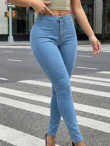 Women's Mid-Rise Stretch Denim Skinny Jeans | Booty-Lifting Slim-Fit Curvy-Fit Trousers - Biru muda - View 4