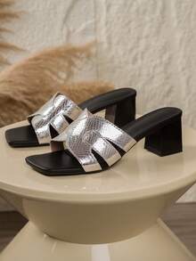 2026 Silver Snake Skin Pattern Thick Heel Slide Sandals, Open Toe High Heels, Breathable, Suitable For Hot Weather, Party/Commute/Wedding, Versatile Women Shoes - Silver - View 5