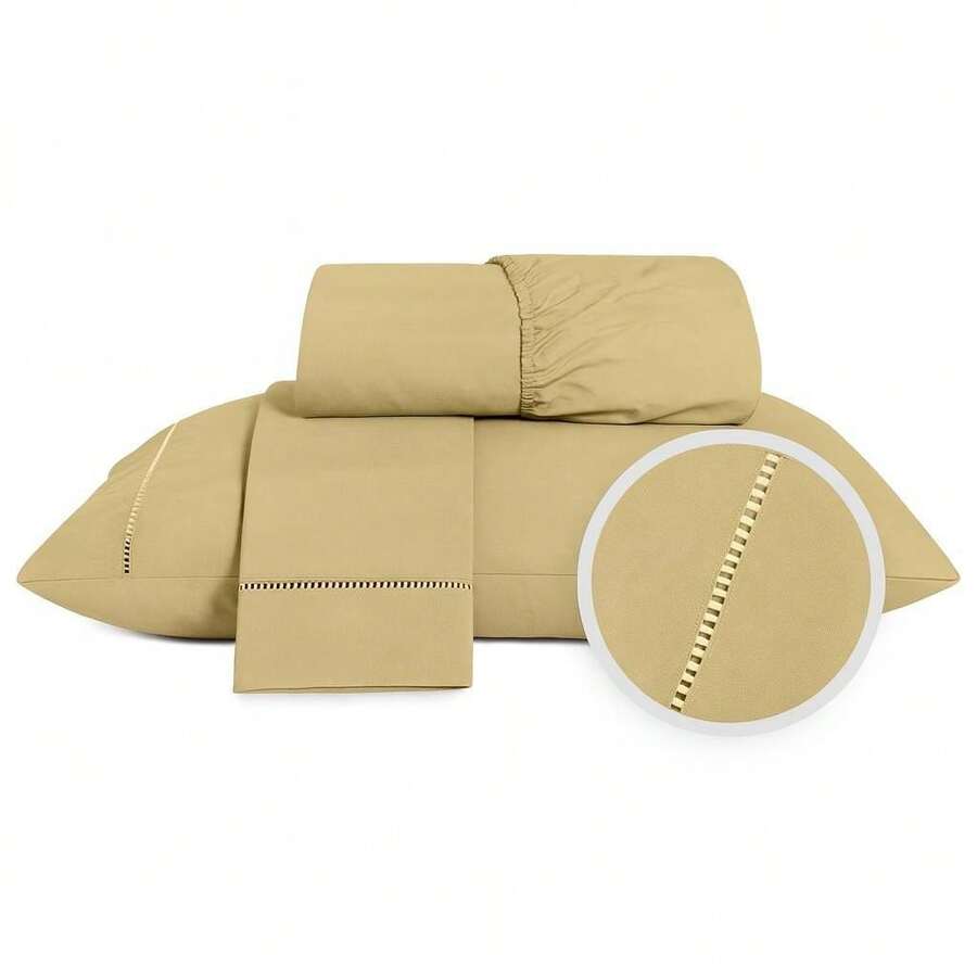 400 Thread Count Sheet Set, 2 And 3 Pieces, Luxury Hemstitch, Single, Double, Queen, King, High Quality - STRAW - View 1