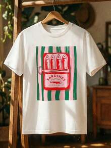 DailyCanned Sardine Print Round Neck Short Sleeve Regular Fit T-Shirt For Women, Suitable For Spring And Summer Casual WhiteShort-Sleeved Design, Basic Style; Practical And Versatile. - trắng - Xem 8