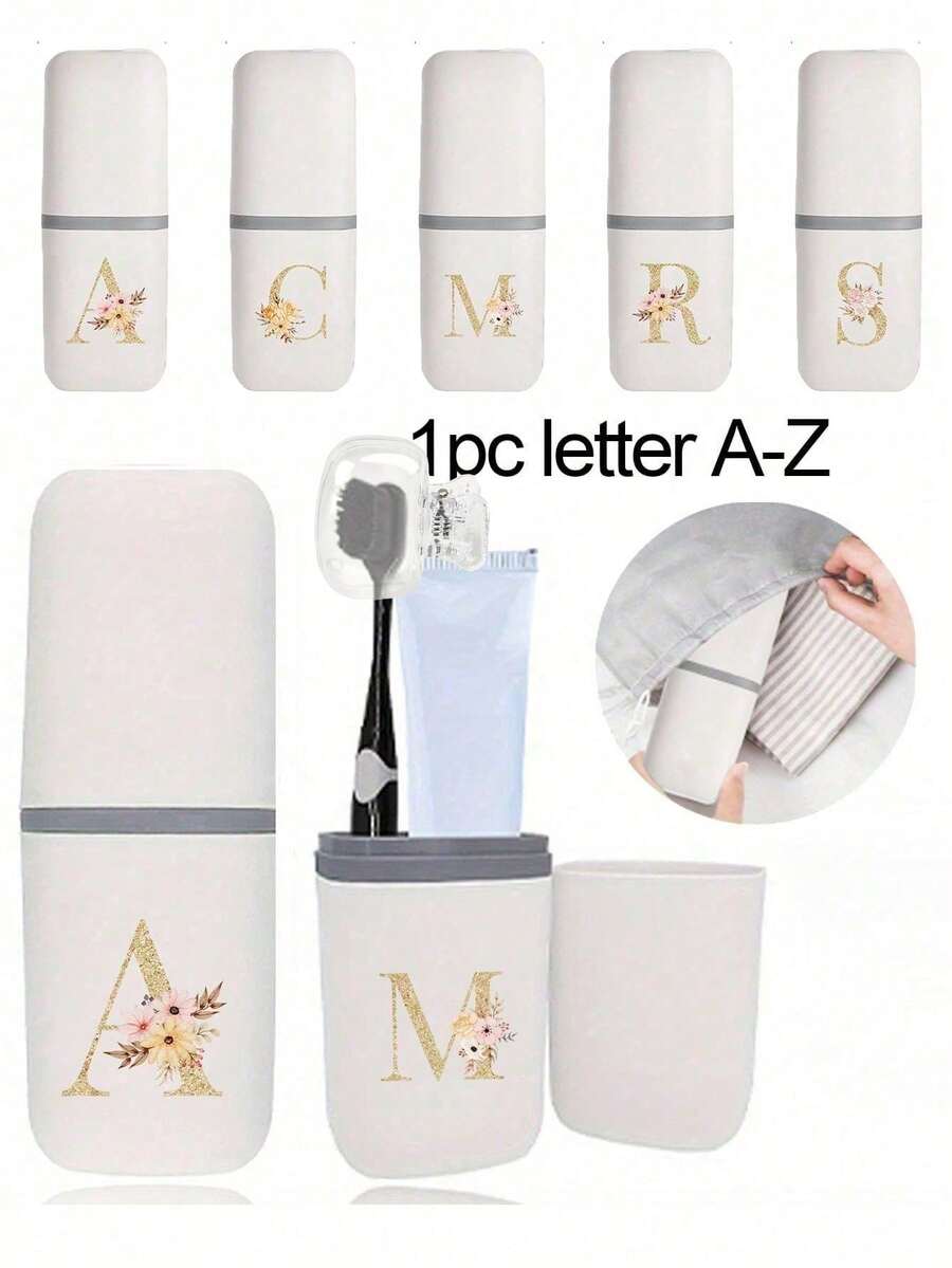Gold Flower Letter A-Z Portable Toothbrush Holder, Keeps Your Toothbrush Clean And Ready To Use! Travel Toothbrush Rack, Portable Toothbrush Cup Cover, Ideal For Travel, Camping, Business Trips And School.