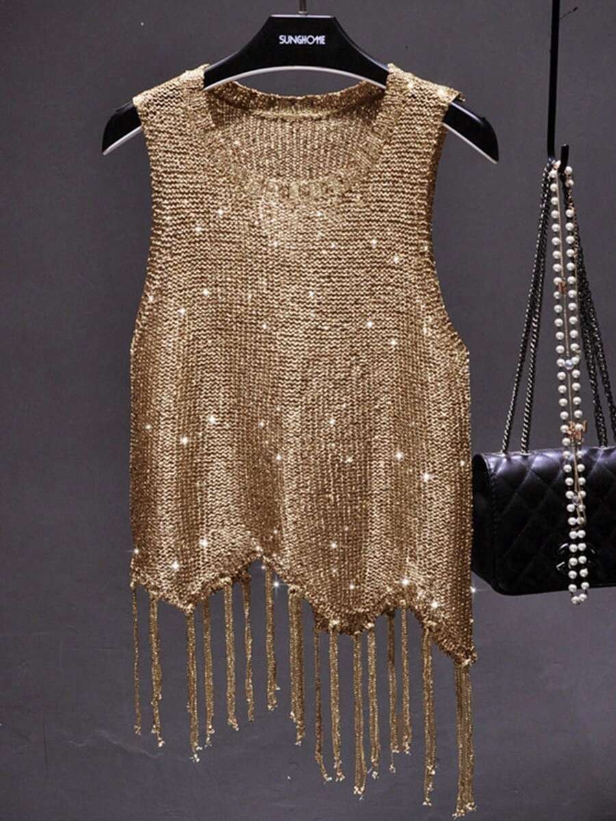 Suéter de punto de verano para mujer con cuello redondo sin mangas, decorado con lentejuelas y flecos en el bajo - Dorado - Ver 1