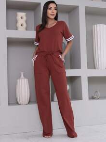 Women's Striped Set - Pants And Top In Lightweight Fleece With White Details - Comfortable Style - Terracotta - View 3