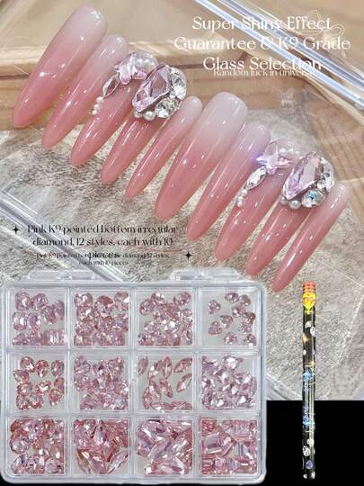  KIRAME 120pcs Pointed Back Pink Rhinestones For Nails, K9 Glass Different Shapes Diamonds, 6-14mm Mix Sizes Nail Art Decor Kit With One Dotting Pen,DIY Nail Art At Home,Nails Salon,Nail Supplies,Christmas Nails,New Year,Valentine Nails,Mother's Day Nails,Festival Gift