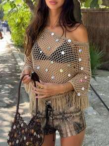 2026 Spring/Summer New Irregular Cut Design Fringe Trim Cardigan For Women.Perfectly Pairs With Camisole, Shorts To Showcase Casual Relaxed Vibe.Suitable For Party, Daily Casual, Beach, Vacation, Street Style And Other Occasions.Versatile Knit Sweater. - 白色 - 查看 3