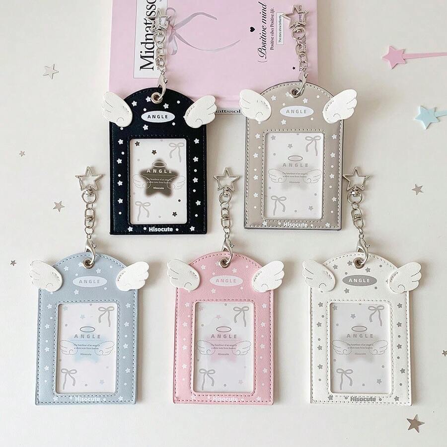 1pc Cute Cartoon Angel Wings Card Holder, Hollow Star Pattern Card Case, Student ID/Photo Display Card Protector