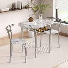 3 Piece Wood Round Table & Chair Set For Dining Room Kitchen Bar Breakfast, With Wine Storage Rack, Space Saving - White - View 2