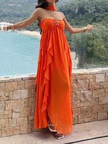 Women's Sexy Orange Spaghetti Strap Backless Ruffle Rhinestone Star Dress, Lining, Suitable For Vacation, Beach, Wedding Guest Elegant - Orange - View 8