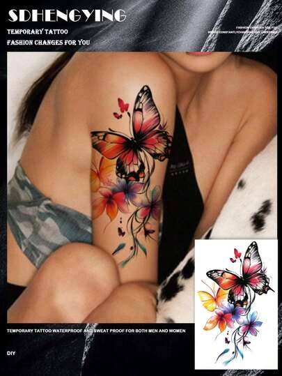 1张彩色花卉蝴蝶图案临时纹身贴纸，逼真防水，适合女性，性感人体彩绘假纹身贴纸，可用于手臂/腿部/胸部/腰部，多用途男女通用一次性纹身贴纸，易于粘贴和移除，日常旅行沙滩人体彩绘装饰贴纸，DIY礼物
