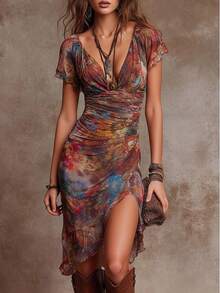 Women Sexy V Neck Ruched Bodycon Mini Dress With Slit Party Wear - Multicolor - View 1