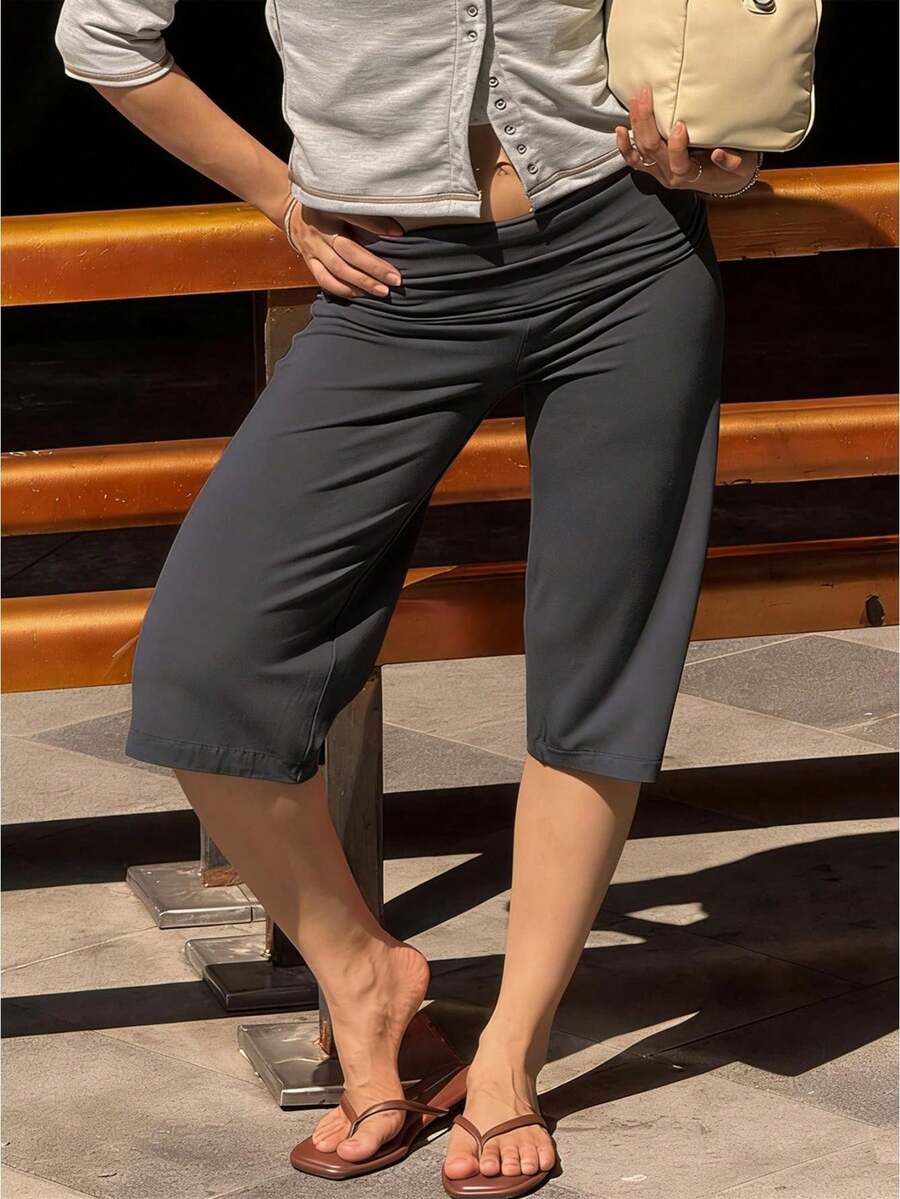 Women Casual Fold Over Loose Fit Capri Pant Leg Cropped Flowy Cotton Gaucho Pants Comfy Casual Yoga Coluttes Pajama Bottom Soft Comfortable Cropped Trouser Lounge Sleepwear Bottoms - 灰色 - 查看 1