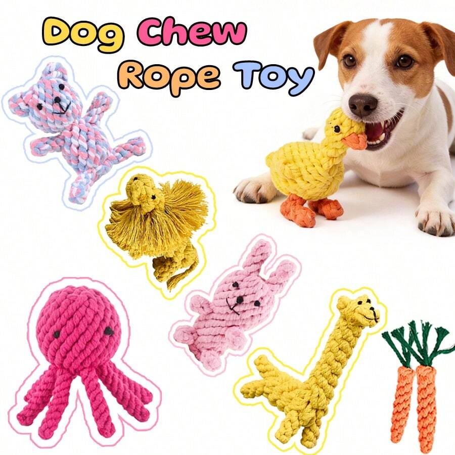 Juguetes de cuerda tejidos a mano y de colores para perros, juguetes de cuerda de animales divertidos, cuerda de zanahoria de dibujos animados, juguetes de peluche de conejo/león/pulpo/elefante/oso, adecuados para entrenamiento, limpieza de dientes y juego interactivo para perros medianos y pequeños - Multicolor - Ver 1