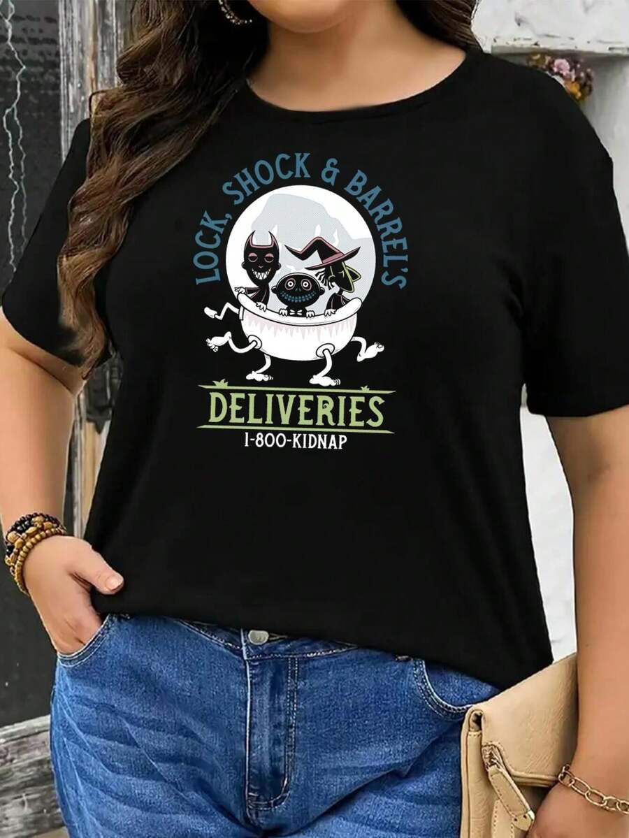 Lock Shock & Barrel Deliveries Spooky Cute Nightmare Before Christmas Goth Horror Movie Oversize Women T-Shirt – Sandy Claws Kids Fantasy Film Plus Size Top For Halloween And Festive Seasons - 黑色 - 查看 1