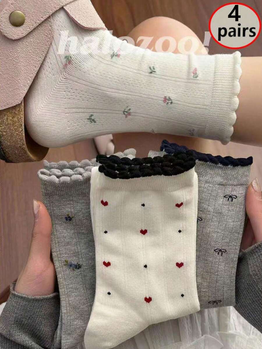 4 Pairs Spring/Summer New Minimalist Fresh Solid Color & Floral Mid-Calf Socks, French Elegant Layered Socks - Multicolor - View 1