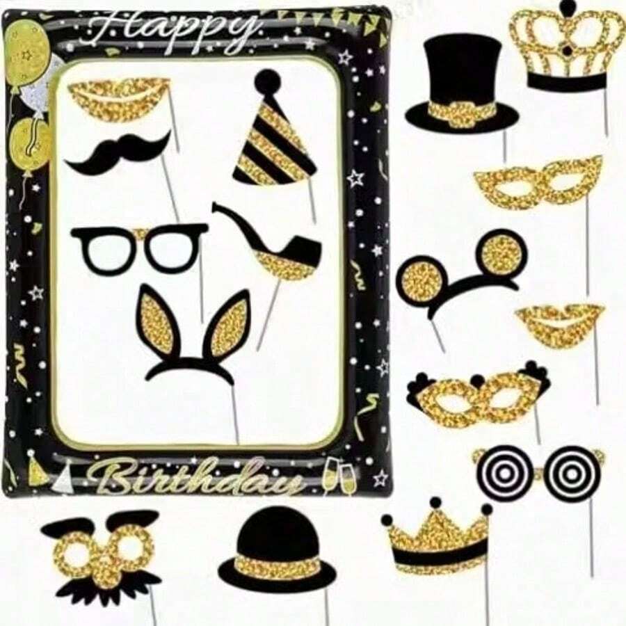 17pcs Birthday Photography Studio Prop Set, Black And Gold Party Photography Studio Props, Easy To Assemble DIY Party Photo Shoot Props, Birthday Selfie Props, Graduation Photo Studio Props For Women And Girls - Gold - View 1