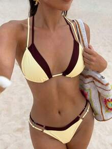 LUCKY HOLIDAY Bộ bikini tam giác gợi cảm mùa hè họa tiết da báo với dây buộc và phụ kiện dây xích kim loại, thích hợp cho kỳ nghỉ. - màu nâu vàng - Xem 1