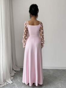 Lili House 女士长款碎花网纱连衣裙 - 长袖，收腰设计 | 优雅休闲连衣裙，适合约会、晚宴、派对等场合，粉色 - 粉色 - 查看 3