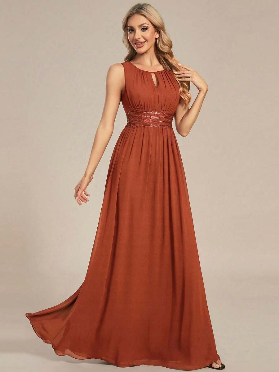 Váy phù dâu không tay bằng chiffon đính sequin thanh lịch