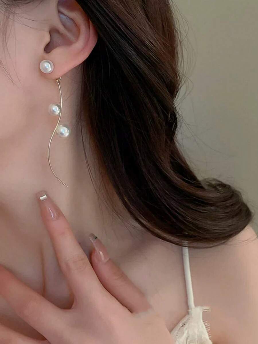 1对优雅长款珍珠流苏耳环，女士精致垂坠耳环，适合搭配晚礼服、约会、盛大晚宴 - 長珍珠流蘇耳環 - 查看 1
