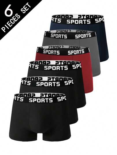 6-Piece Men's Underwear, Letter Waistband Solid Color Men's Boxer Shorts, Comfortable, Soft And Elastic Underwear, Suitable For All Men's Casual Plus Size Sports Pants, Suitable For Daily Casual Wear, Men's Durable Boxer Shorts,Home & Living Underwear,Men Gifts Ideas, Gifts For Men, Boxing Day,Valentines Day,Anniversary Gift Boyfriend