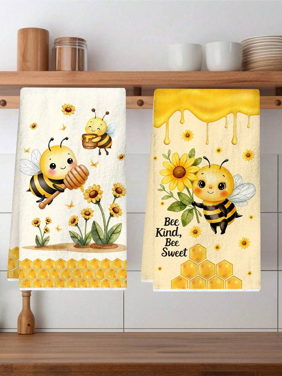 2pcs Bee Pattern Kitchen Towels, Size 40*48cm, Bee, Sunflower And Honey Pattern, Soft And Absorbent Microfiber Hand Towels, Kitchen Decor, Dining Table Decor, Bathroom Decor, Warm Gift For Friends And Family, Spring/Summer Decoration - Yellow - View 1