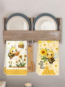 2pcs Bee Pattern Kitchen Towels, Size 40*48cm, Bee, Sunflower And Honey Pattern, Soft And Absorbent Microfiber Hand Towels, Kitchen Decor, Dining Table Decor, Bathroom Decor, Warm Gift For Friends And Family, Spring/Summer Decoration - Yellow - View 10