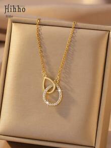 Hihho 1件金色圆形、心形、水滴形项链，镶嵌闪亮立方氧化锆，精致链条，优雅浪漫元素，适合日常佩戴，为您的装扮增添柔和浪漫气息。 - 金色 - 查看 3