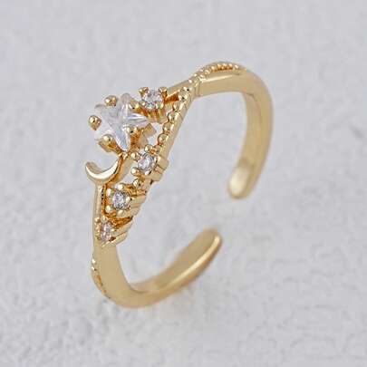 1 chiếc nhẫn hở hình ngôi sao và mặt trăng đính đá Cubic Zirconia, phù hợp cho nữ giới đeo hàng ngày, hẹn hò hoặc đi làm.