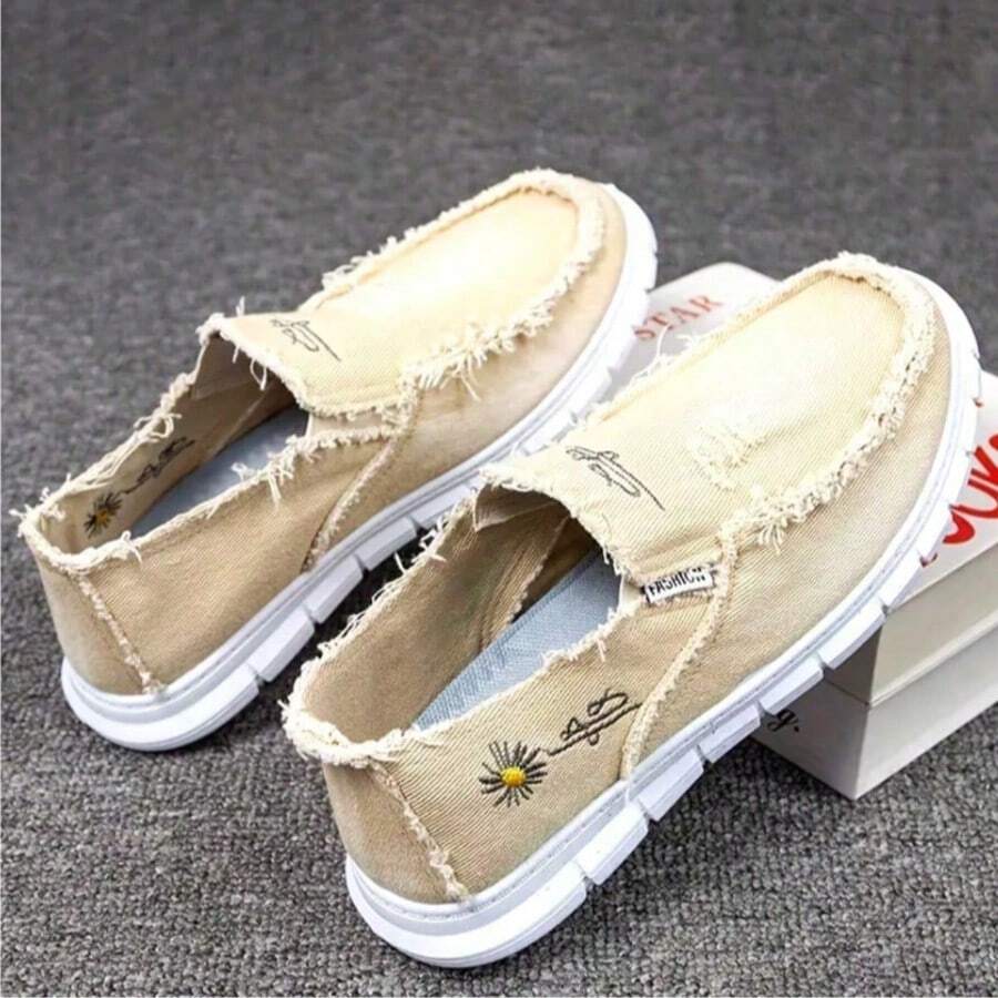 Popular Lace-Free Casual Daisy Embroidery, Raw Edge Decorative Canvas Women's Shoes, Light And Breathable, Soft And Comfortable Lazy One-Step Women's Shoes, Suitable For Going Out, Home, Walking - 米色 - 查看 1