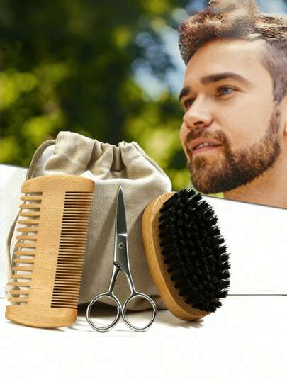 男士胡须护理四件套，带收纳袋。包含不锈钢剪刀、胡须梳、胡须刷，男士胡须护理套装。
