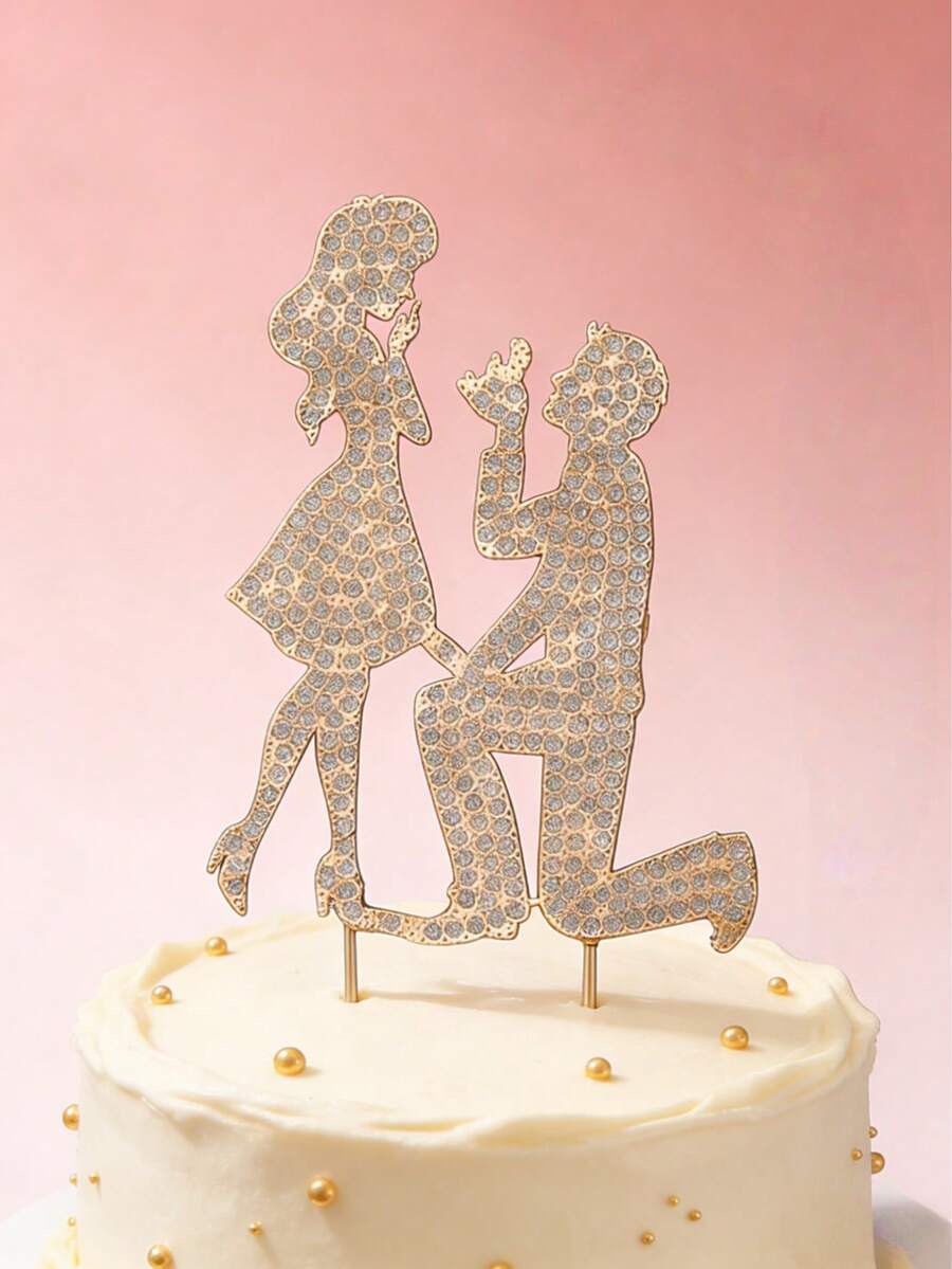 1 Stück Hochzeitstortenaufsatz mit Strass, mit Silhouette des verlobten Paares, geeignet für Verlobungszeremonie, Jahrestag und ganzjährige Dekoration - Verschiedenfarbig - Übersicht 1