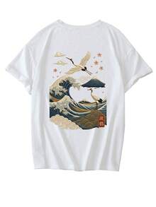Nueva Camiseta de Verano Simple y a la Moda con Estampado de Ondas y Grúas Japonesas, Cuello Redondo, Manga Corta Blanca, Blusa Versátil y Elegante para Mujer - Blanco - Ver 3