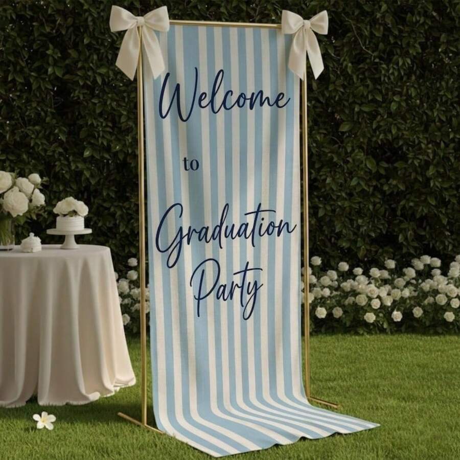 20x63in Blue And White Striped Graduation Party Welcome Banner Sign Graduation Party Backdrop, Graduation Tapestry Yard Sign Grad Party Banner - 1 - View 1