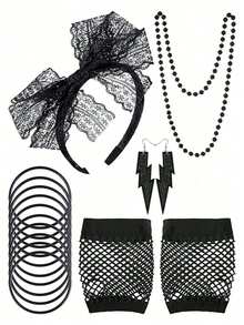 Set di accessori costume colori neon stile anni '80 per donna, inclusi: fascia per capelli con fiocco, orecchini pendenti a forma di fulmine, collana di perline, guanti a rete senza dita e bracciale, decorazione e regalo per Ognissanti, regalo per feste di Ognissanti - multicolore - Visualizzare 5