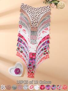 12pcs/Set Women's Seamless Allover Print Briefs, Comfortable Fabric, Sexy Ruched Design - Multicolor - View 1