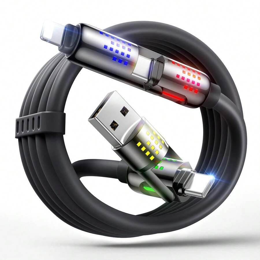 4-In-1 Black Fast Charging Cable With LED Indicator, 4-Foot 240W USB-C All-In-One Charging Cable, Universal Cable With Lightning/Micro-USB/Type-C Connectors, Compatible With All Phones, Tablets, And Power Banks - View 1