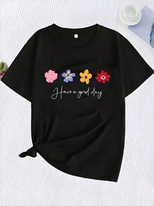 Camiseta Negra para Mujer con Estampado Floral Colorido y Letras Havergalley - Top Casual Holgado de Manga Corta Transpirable para PrimaveraVerano, Diseño Divertido, Tejido Elástico y Lavable a Máquina - Negro - Ver 1