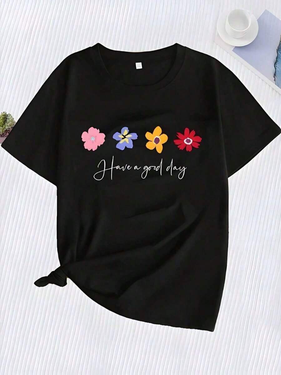 Camiseta Negra para Mujer con Estampado Floral Colorido y Letras Havergalley - Top Casual Holgado de Manga Corta Transpirable para PrimaveraVerano, Diseño Divertido, Tejido Elástico y Lavable a Máquina - Negro - Ver 1