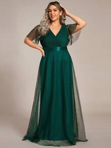EVERPRETTY Plus Size Women Mesh Ruched Bodice High Waist Bridesmaid Dress Wedding Party - Dark Green - View 6